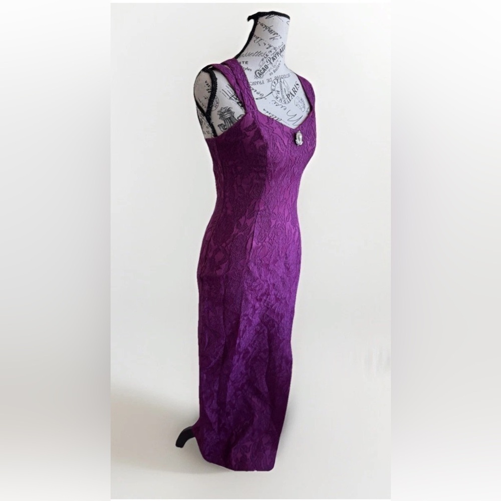 Vintage 80s 90s Handmade Purple Plum Lace Embroidered Sleeveless Slit Maxi Dress